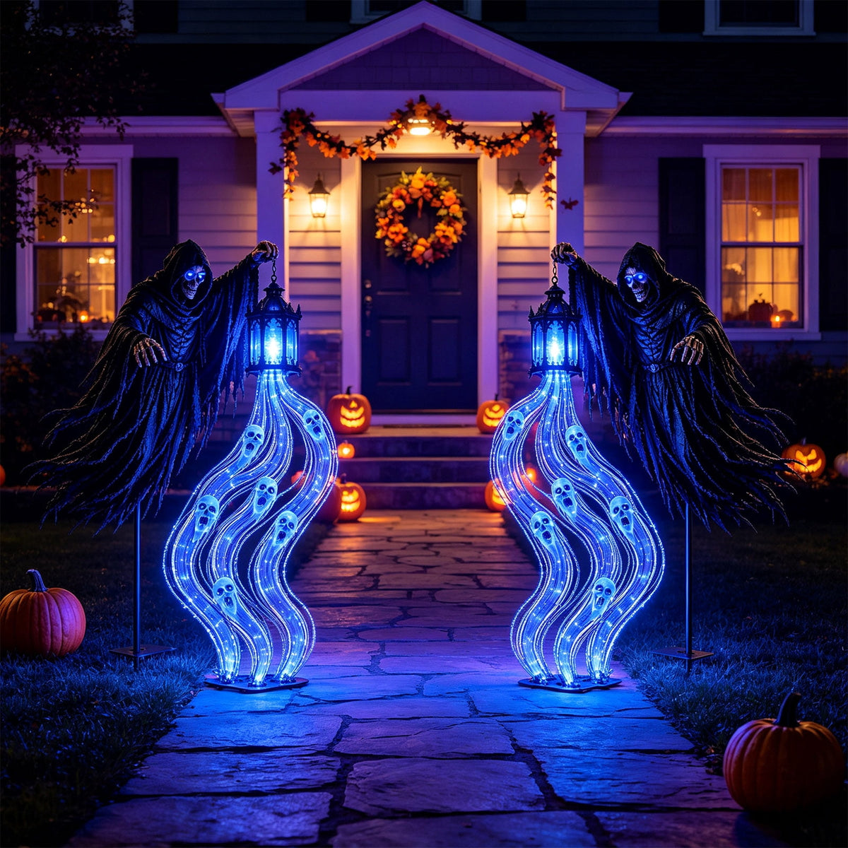 Sulaicai Halloween Soul Harvester Animated Garden Light, Spooky Reaper Ghost Yard Stake with Blue LED Lights, Outdoor Halloween Decor for Lawn, Pathway & Porch