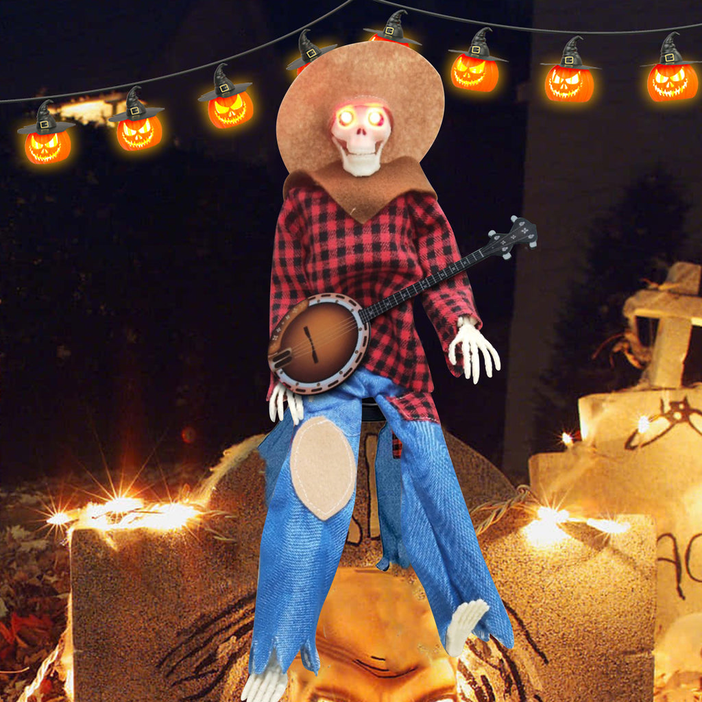 15" Animated Banjo Cowboy Skeletons with Clothes and Hat for Party Shelf Halloween Decorations(Red)