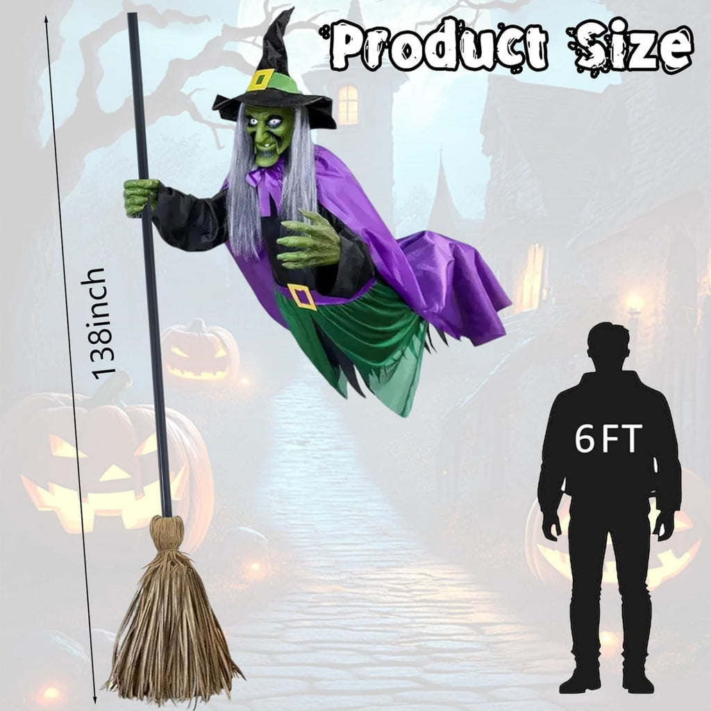 6 FT Motion Activated Flying Hover Witch with Eerie Sounds, Animated Outdoor Halloween Decoration for Yard and Garden