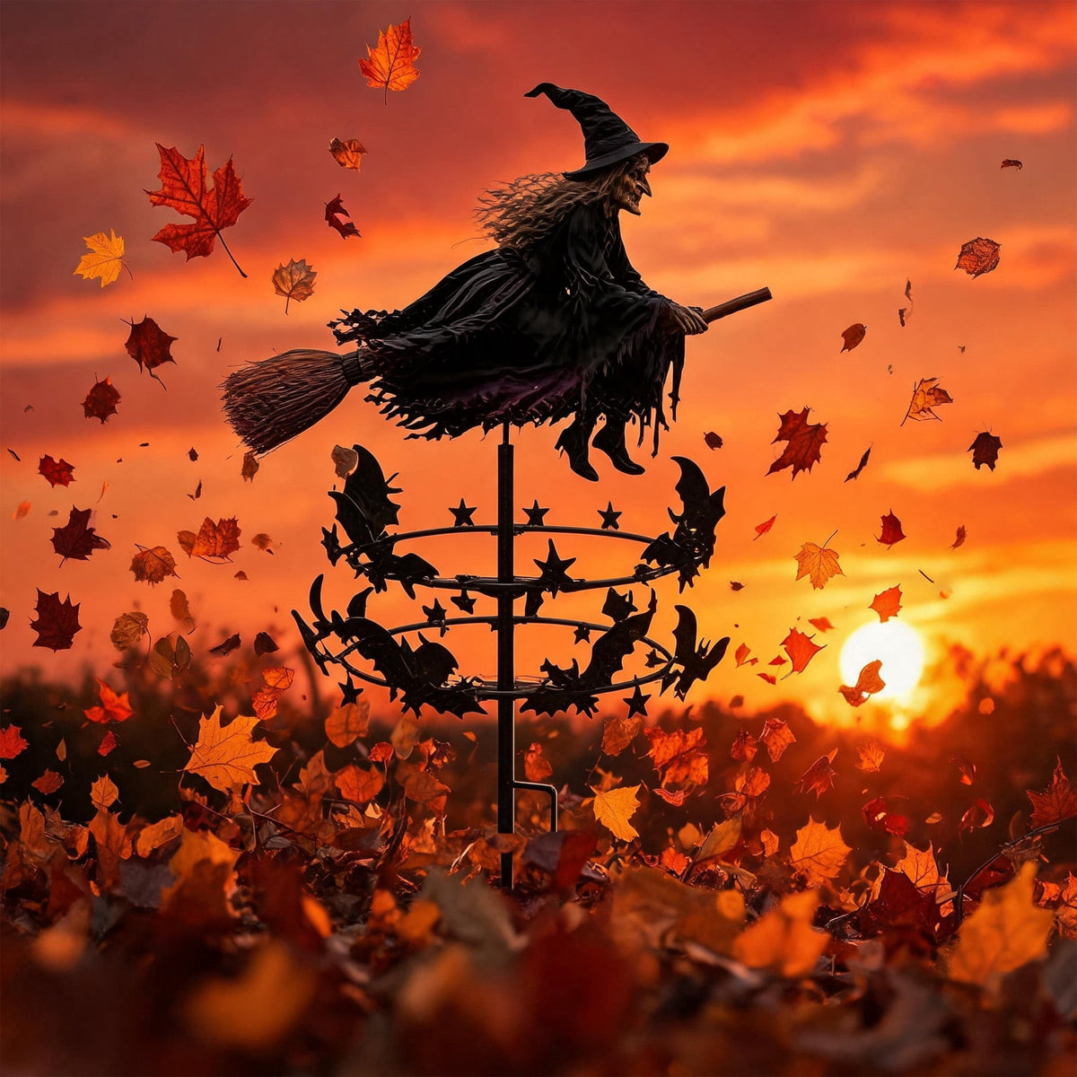 The Enchanted Witch Garden Wind Spinner, Halloween Garden Stake Decoration with Witch & Bat, for Garden, Patio, Pathway Decoration, 1pc