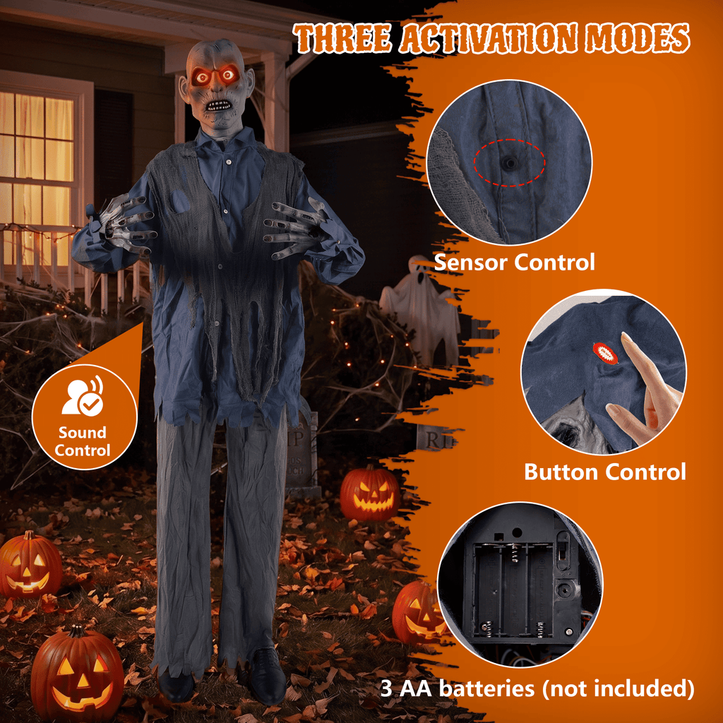 76-Inch Animated Standing Zombie Halloween Decoration with Red Glowing Eyes, Swaying Motion, Spooky Sounds and Metal Stand
