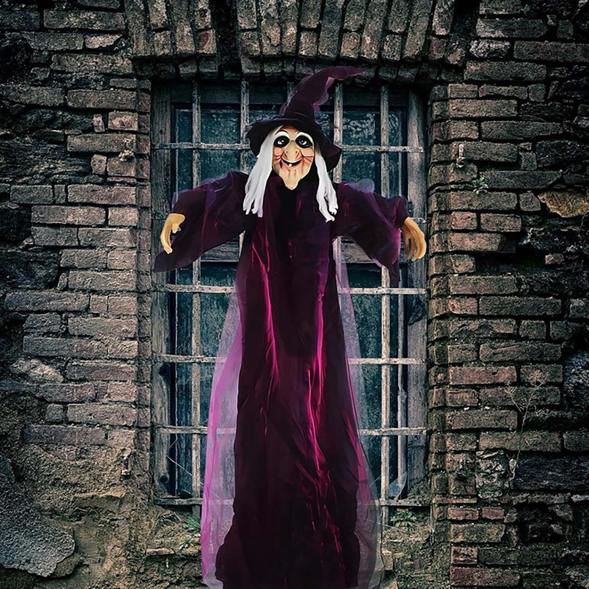 Loyerfyivos Halloween Animatronics Decoration Indoor and Outdoor, 70.87" Animated Halloween Witch with Sound Activation and Light Up Eyes, Life-Size Hanging Talking Witch, Adjustable Arms