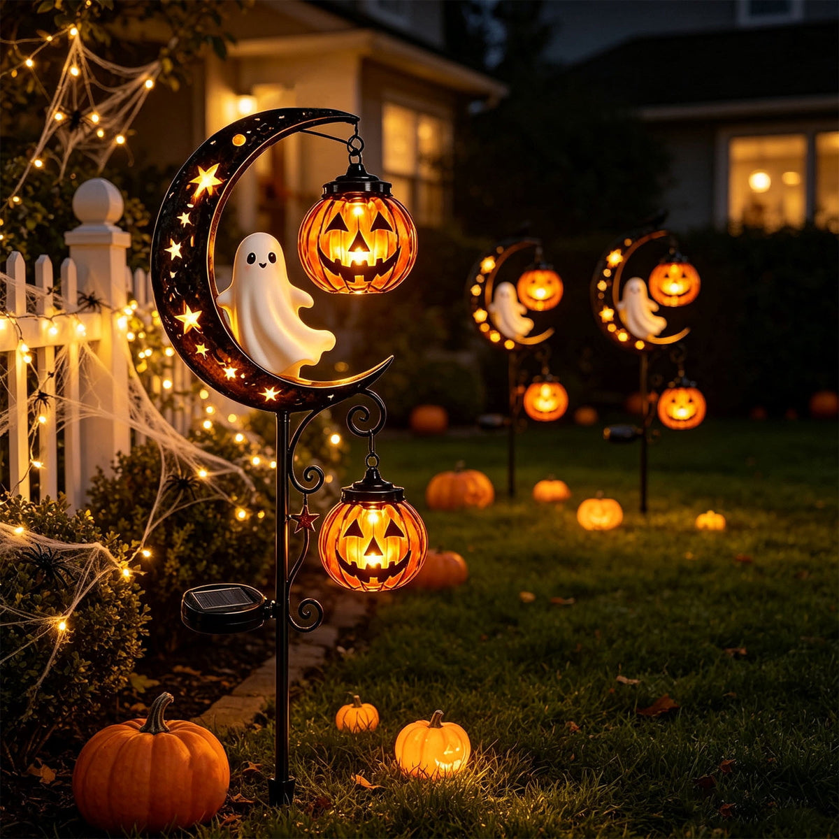 Solar Halloween Metal Moon Black Cat Garden Stake with LED Pumpkin Lantern, Light Up Star Bat Yard Decor Stake, Spooky Outdoor Lawn Pathway Halloween Decoration