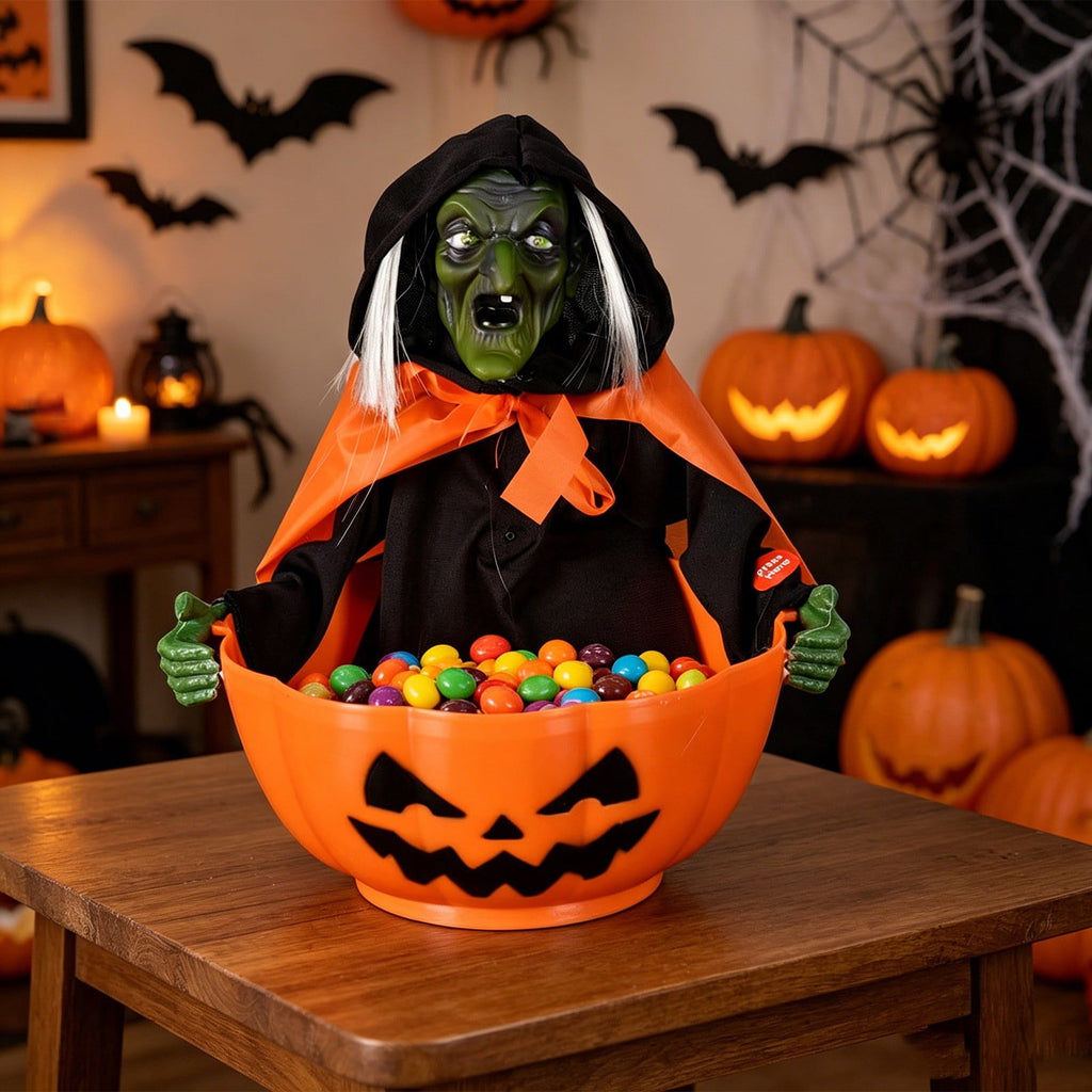 Halloween Candy Bowl, Animated Skeleton Candy Dish with Motion Activated Screaming Witch, Light Up Red Eyes Sound, Festive Serving Bowl for Party, Table, Home Decorative Display, 11"x10.6"