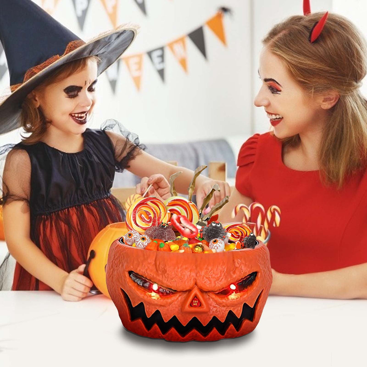 XIA0LE Halloween Candy Bowl Animated Pumpkin Candy Bowl With Moving Skeleton Hand Creepy Sound And Red Eyes For Halloween Decorations Indoors And Trick Or Treats (B)