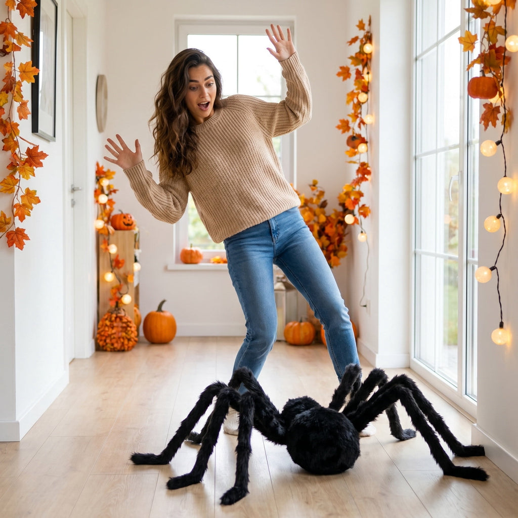 geerera 29.5" Sound-Activated Animated Spider, Large Black Fuzzy Moving Halloween Prop, Crawling Scary Toy for Indoor Party, Doorway & Yard Party Decor
