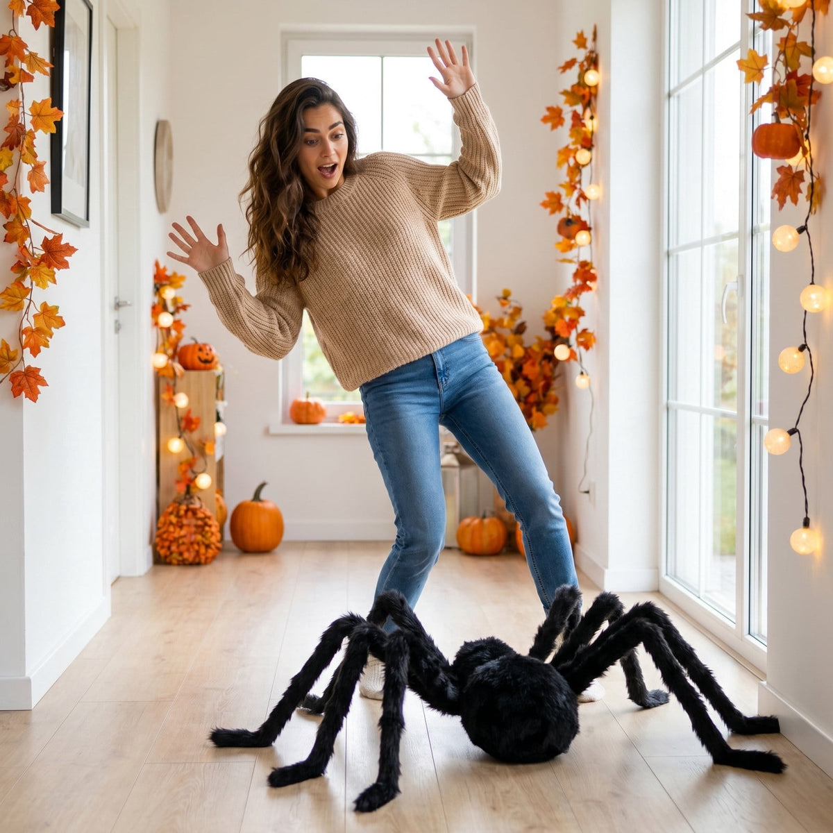 geerera 29.5" Sound-Activated Animated Spider, Large Black Fuzzy Moving Halloween Prop, Crawling Scary Toy for Indoor Party, Doorway & Yard Party Decor