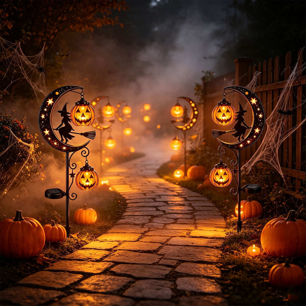 Solar Halloween Metal Moon Black Cat Garden Stake with LED Pumpkin Lantern, Light Up Star Bat Yard Decor Stake, Spooky Outdoor Lawn Pathway Halloween Decoration