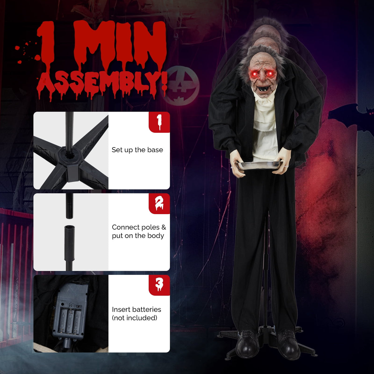 Ktaxon 5ft Waiter Animated Halloween Decoration Creepy Halloween Animatronics Waiters w/ Pre-Recorded Screaming