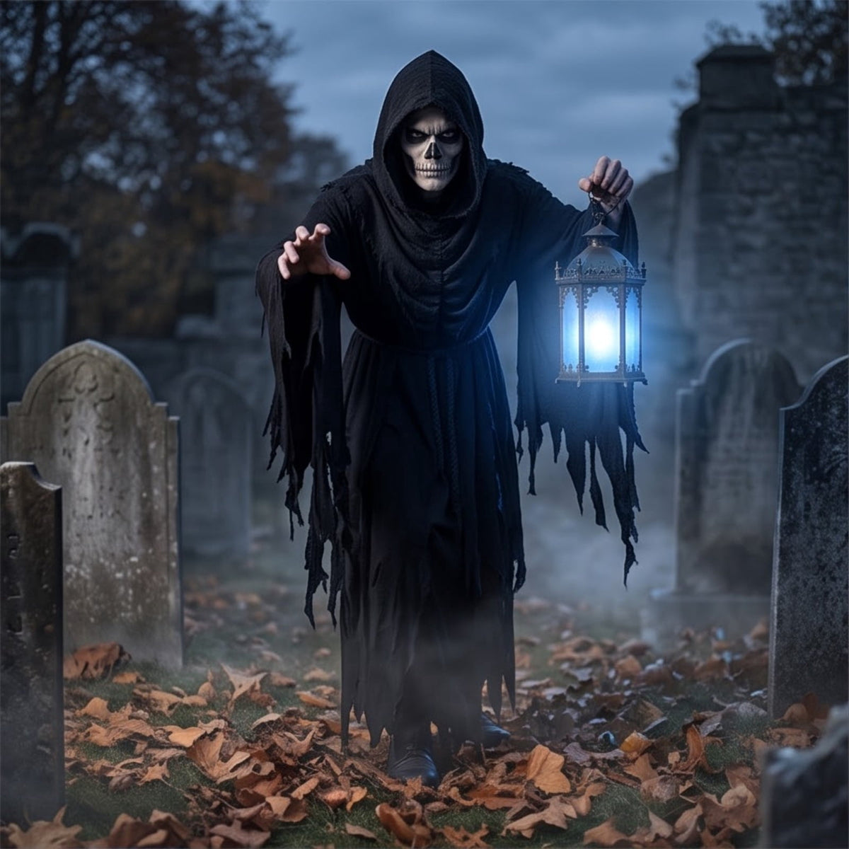 Halloween Soul Harvester Animated Solar Garden Stake Light, Outdoor Decors Flowing Blue Ghost Effect With Glowing Reaper Eyes And Lantern For Front Yard, Pathway, Porch Entrance And Graveyard Display