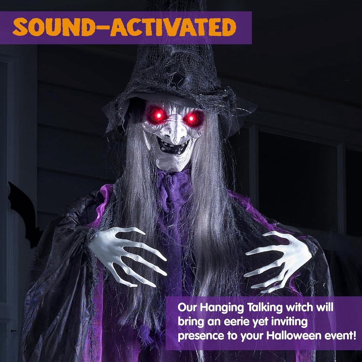 Joyfy 6ft Halloween Witch Decoration,Outdoor Scary Halloween Animatronic Hanging Witch with Light Up Eyes and Sound Decoration for Halloween Outdoor