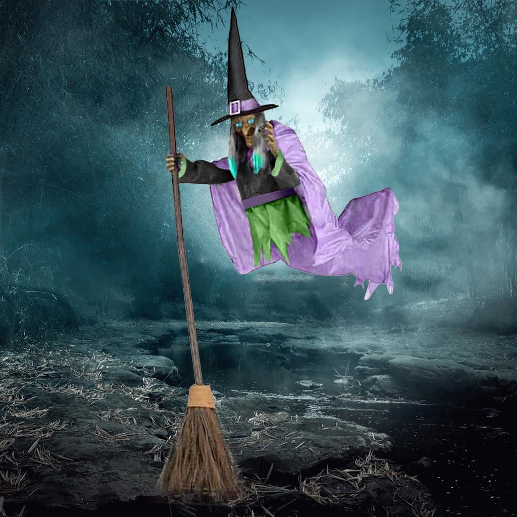 Animated Flying Witch Prop 70.86" - Light Up Sound Halloween Decoration with Broomstick for Indoor Outdoor Green