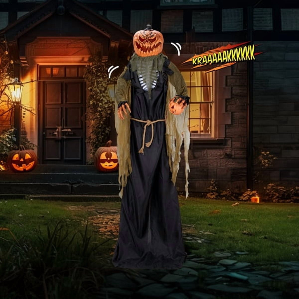 Alvantor Halloween Animated Decorations - 7 FT Sensor-Activated Animatronic Pumpkin Man with LED Eyes, 4 Creepy Phrases and Swaying Motion