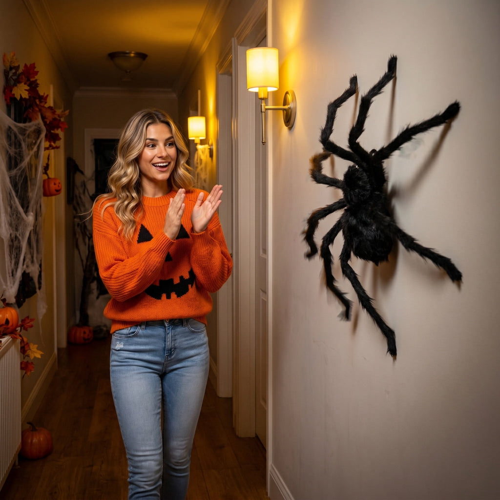 Animated Halloween Props, 29" Giant Sound Activated Spider Toys, Creepy Realistic Plush Spider Crawling on Wall for Home Bar Decor (Wall type)