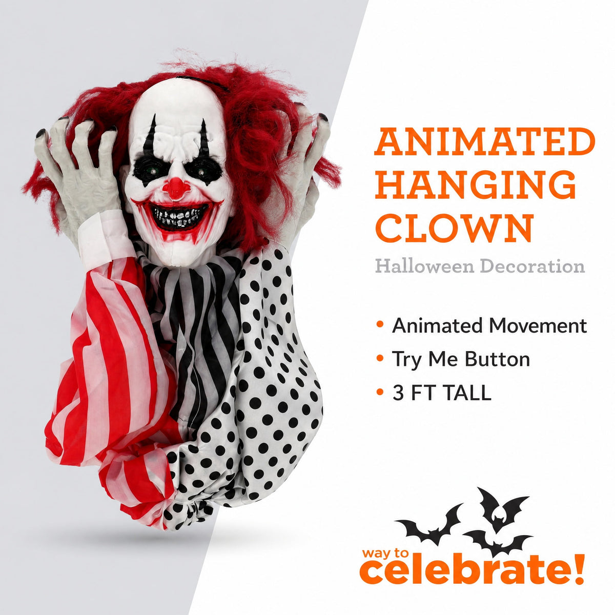 Animated Hanging Clown Decoration, Multicolor, 5', Halloween by Way To Celebrate