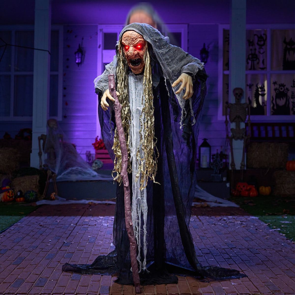 Joyfy 62"(5.17ft) Halloween Standing Hunchback Witch with Light, Animatronics Large Halloween Decorations Outdoor, Radar Motion Activated with Creepy Sound & Eyes and Moving Head for Yard Decor