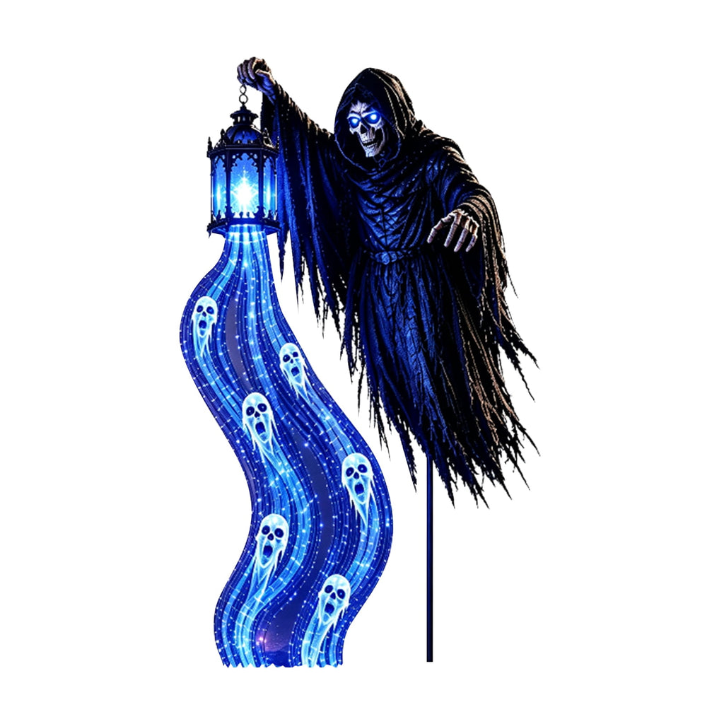 Halloween Soul Harvester Animated Solar Garden Stake Light, 31.5 Inch Grim Reaper Ghost Light with Blue LED Lantern, Spooky Solar Yard Stake Decor for Lawn Garden Pathway Halloween Party