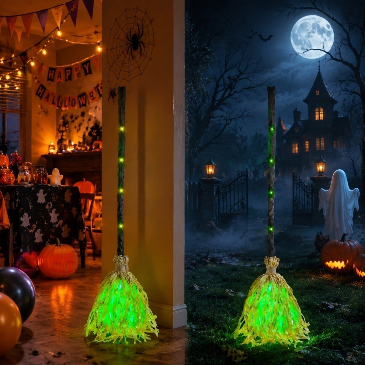 Light Up Animated Witch Broom with Sound, Dancing Magic Witch Broom Prop, Indoor Outdoor Halloween Decorations, Glowing Green LED Broom Ornament for Yard Haunted House Halloween Party Scene Decor