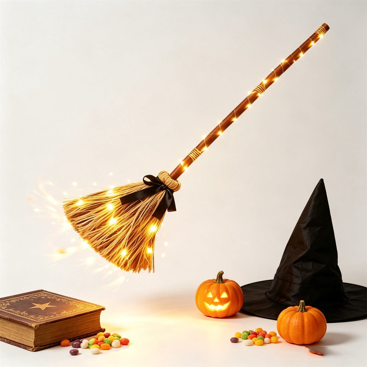 Halloween Decoration Indoor Animated Floating Witch Broom Light Up Broom with Sound Activated, Spooky Halloween Moving Witch Broom for Holiday Party Displays