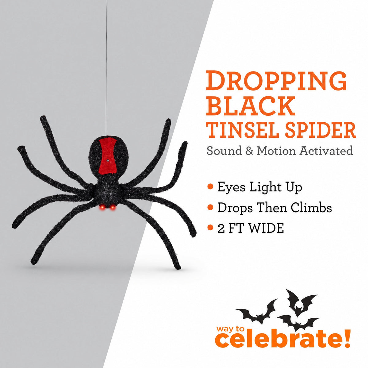 Light-Up Animated Dropping Tinsel Spider Decoration, Black and Red, 2', Halloween by Way To Celebrate