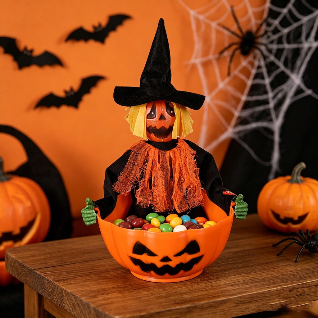 Halloween Candy Bowl, Animated Skeleton Candy Dish with Motion Activated Screaming Witch, Light Up Red Eyes Sound, Festive Serving Bowl for Party, Table, Home Decorative Display, 11"x10.6"