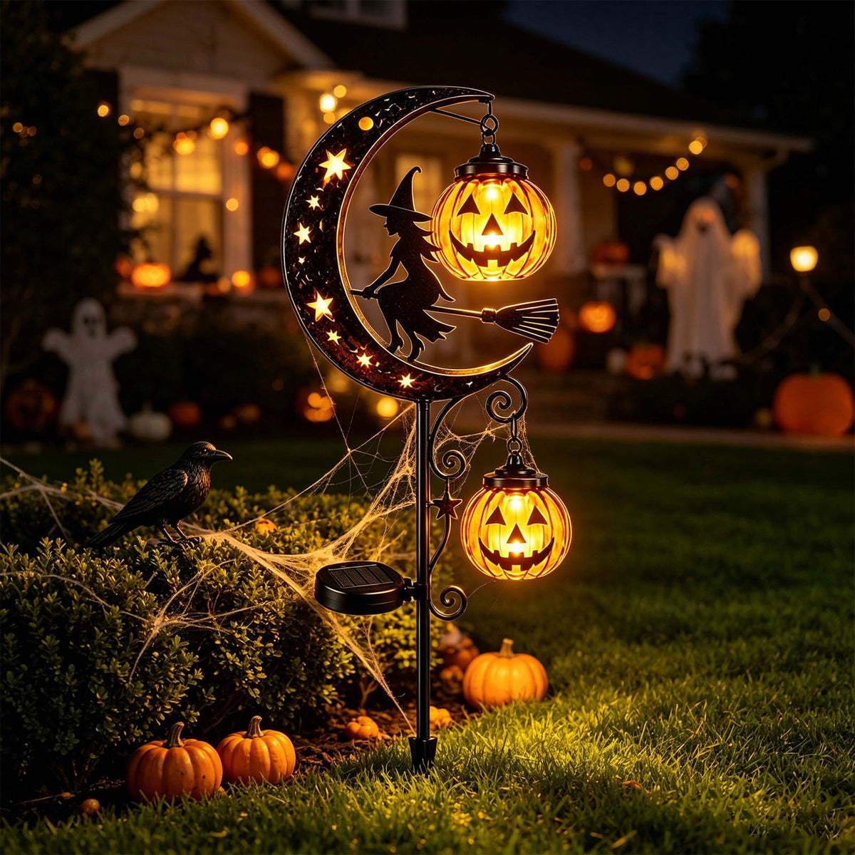 Solar Halloween Metal Moon Black Cat Garden Stake with LED Pumpkin Lantern, Light Up Star Bat Yard Decor Stake, Spooky Outdoor Lawn Pathway Halloween Decoration