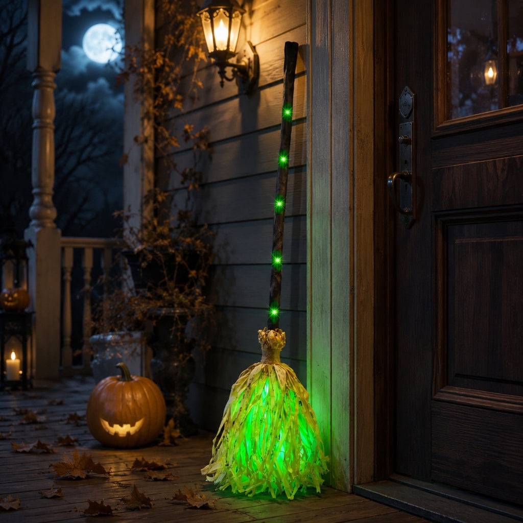 Light Up Animated Witch Broom with Sound, Dancing Magic Witch Broom Prop, Indoor Outdoor Halloween Decorations, Glowing Green LED Broom Ornament for Yard Haunted House Halloween Party Scene Decor
