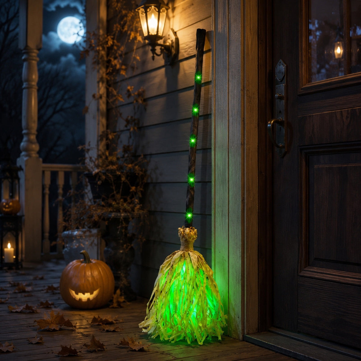 Light Up Animated Witch Broom with Sound, Dancing Magic Witch Broom Prop, Indoor Outdoor Halloween Decorations, Glowing Green LED Broom Ornament for Yard Haunted House Halloween Party Scene Decor