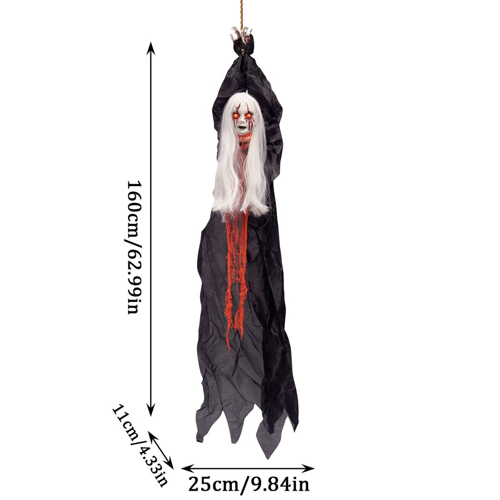 XHKUYI Animated Hanging Ghost 63 Inch, Glowing Red Eyes Ghost with Tattered Cloth Body Sensor Feature and Suspended Figure Shape, for Halloween Porch Yard Door Party Scene Decor