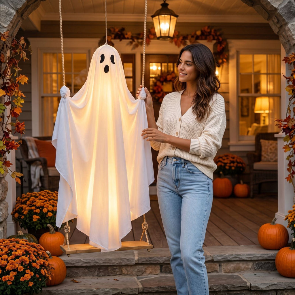 Aurorax Halloween Decorations Outdoor,Hanging Swing Ghost Decor Remote Control 4.4ft Light Up Animated Early Halloween Outdoor Decor for Yard Garden Porch