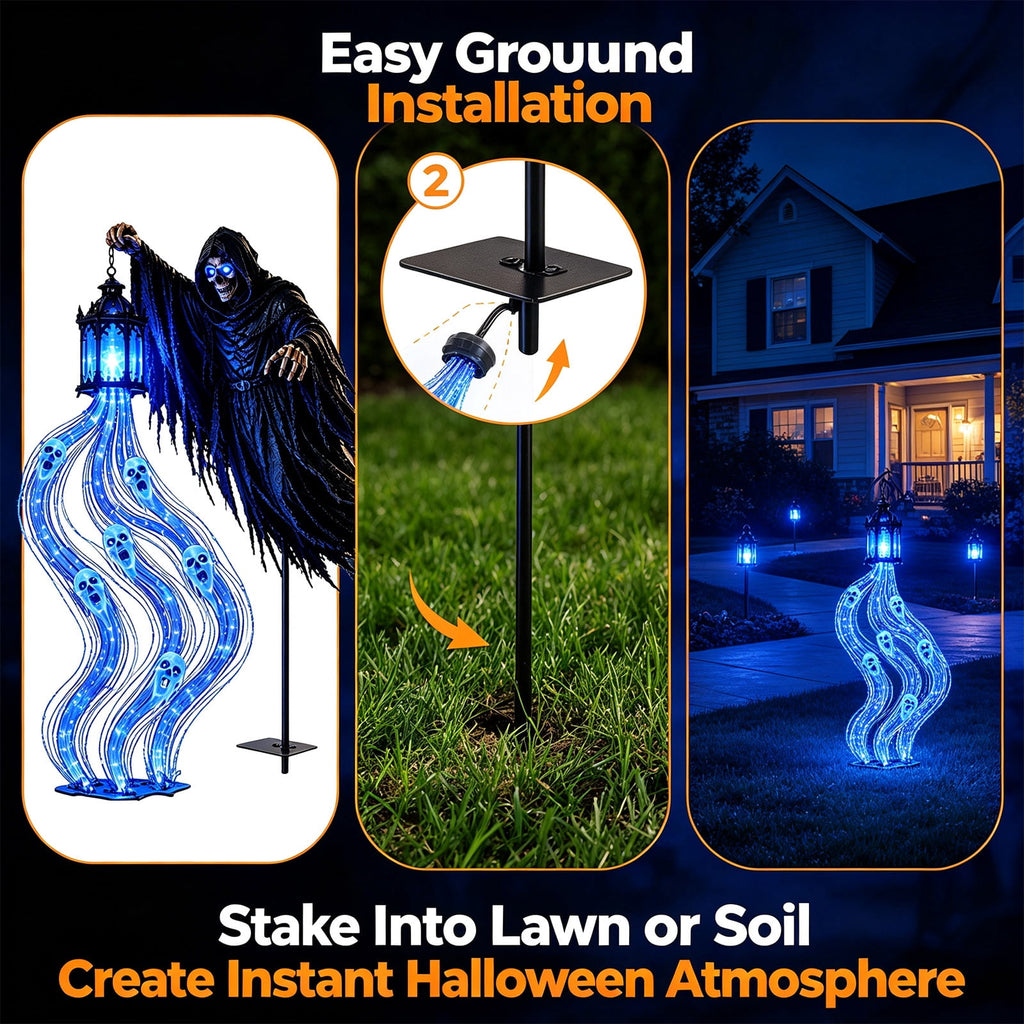 Sulaicai Halloween Soul Harvester Animated Garden Light, Spooky Reaper Ghost Yard Stake with Blue LED Lights, Outdoor Halloween Decor for Lawn, Pathway & Porch