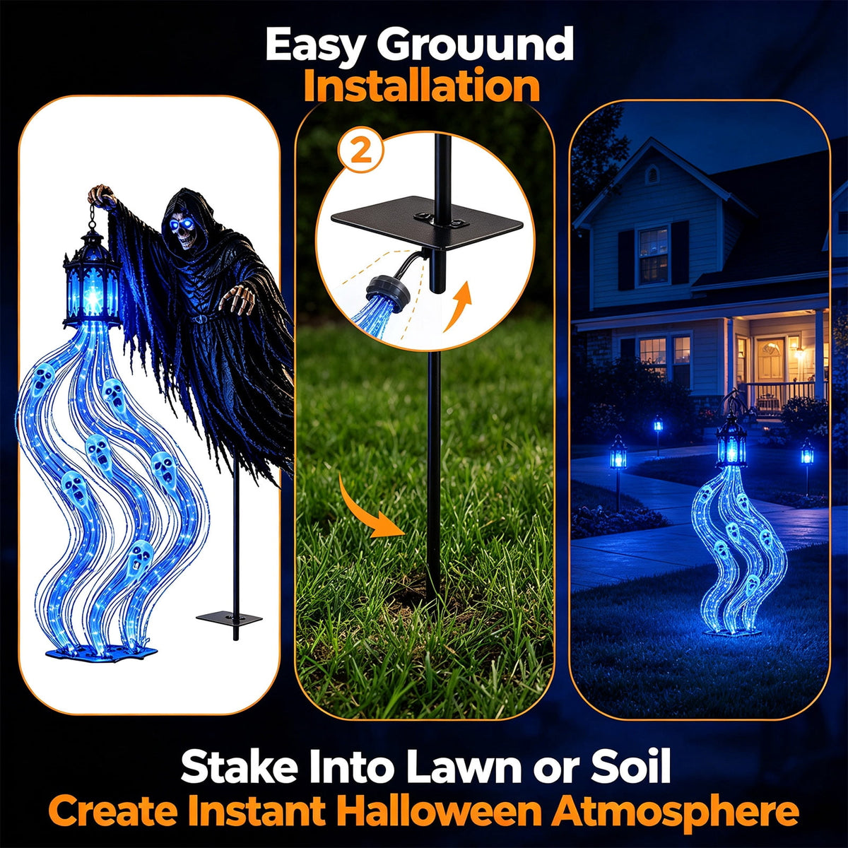 Solar Halloween Metal Moon Black Cat Garden Stake with LED Pumpkin Lantern, Light Up Star Bat Yard Decor Stake, Spooky Outdoor Lawn Pathway Halloween Decoration