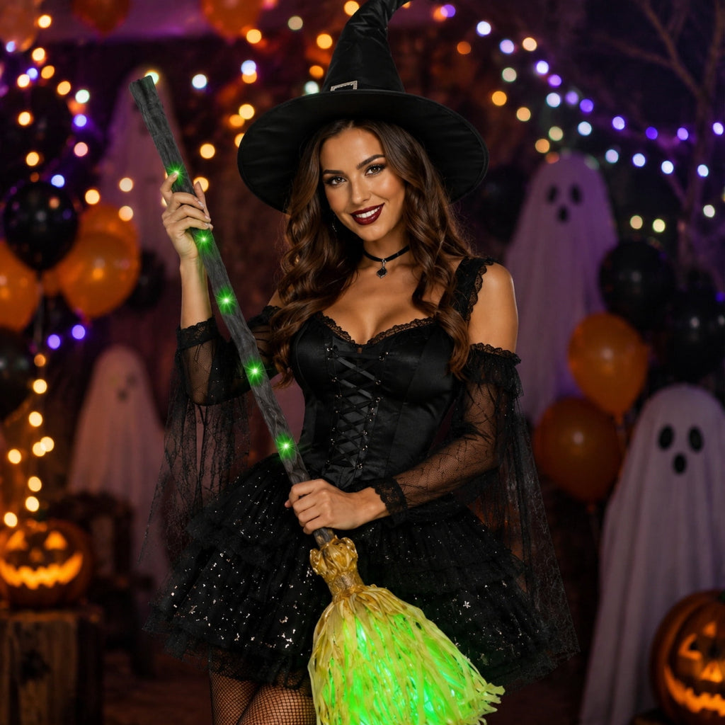 Light Up Animated Witch Broom with Sound, Dancing Magic Witch Broom Prop, Indoor Outdoor Halloween Decorations, Glowing Green LED Broom Ornament for Yard Haunted House Halloween Party Scene Decor