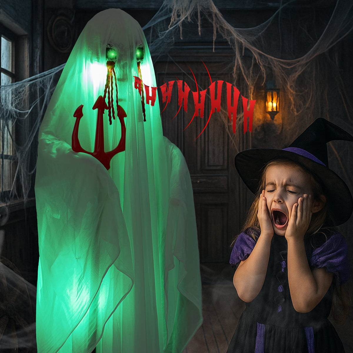 Ktaxon 4.5ft Hanging Ghost Animated Halloween Decoration Creepy Halloween Skeleton w/ Pre-Recorded Screaming, LED Eyes