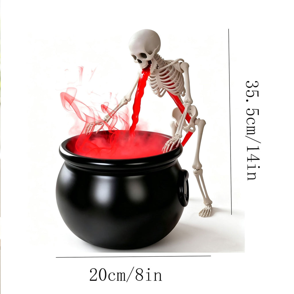syligr Halloween Witch Cauldron Decor for Tabletop, LED Lit Skeleton Cauldron with Mist Water Effect, Spooky Prop for Fireplace Kitchen, Animated Fountain for Halloween Parties, 8x5.5in