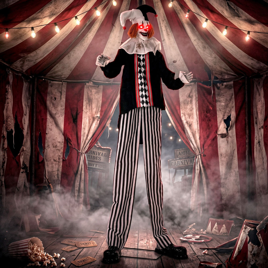 Halloween Animatronic Prop, 106.3 Inch Giant Animated Clown with Sound and Touch Activation, LED Eyes and Moving Arms for Indoor or Covered Outdoor Use
