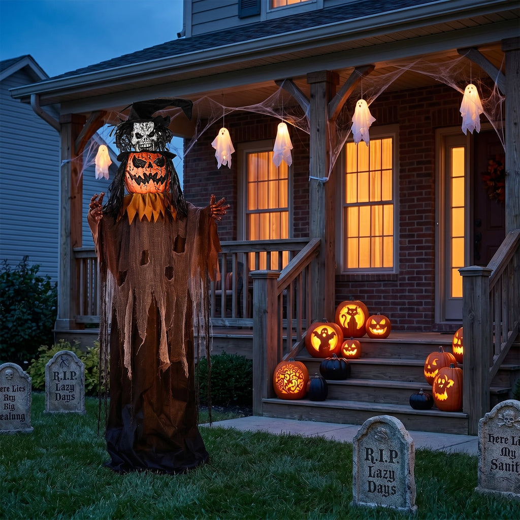 Ktaxon 6ft Pumpkin Man Animated Animatronic Decoration Creepy Halloween w/ Classic Cape Creepy Cloaked Jack-o'-Lantern for Porch & Yard