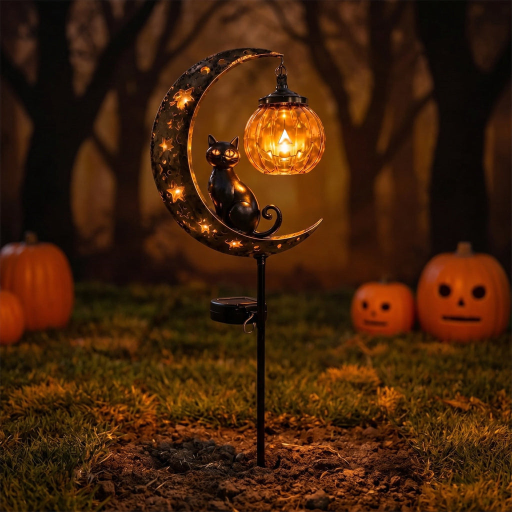 Solar Halloween Metal Moon Black Cat Garden Stake with LED Pumpkin Lantern, Light Up Star Bat Yard Decor Stake, Spooky Outdoor Lawn Pathway Halloween Decoration