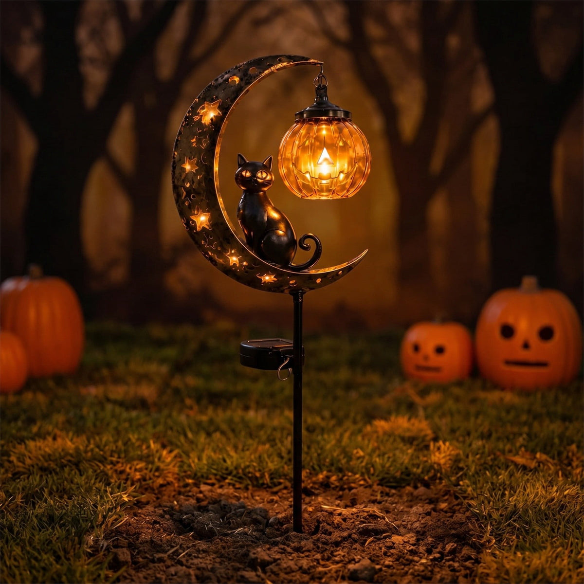 Solar Halloween Metal Moon Black Cat Garden Stake with LED Pumpkin Lantern, Light Up Star Bat Yard Decor Stake, Spooky Outdoor Lawn Pathway Halloween Decoration