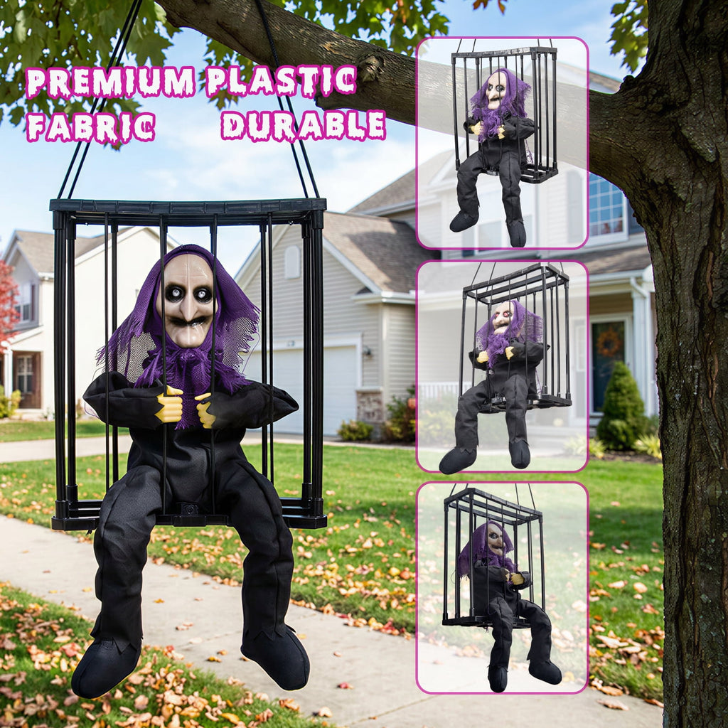 Magotan Screaming Animated Halloween Decorations, Outdoor Indoor Hanging Spooky Halloween Decoration, Scary Skull Cage with Motion Sensor