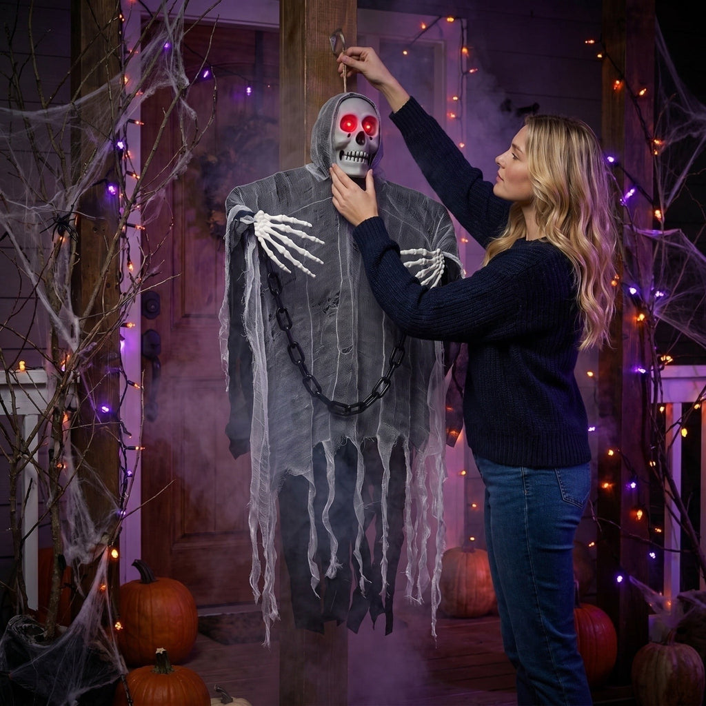 Animated Hanging Skeleton Halloween Prop with LED Light and Sound Control for Indoor Outdoor Party Decoration Halloween Outdoor Decorations
