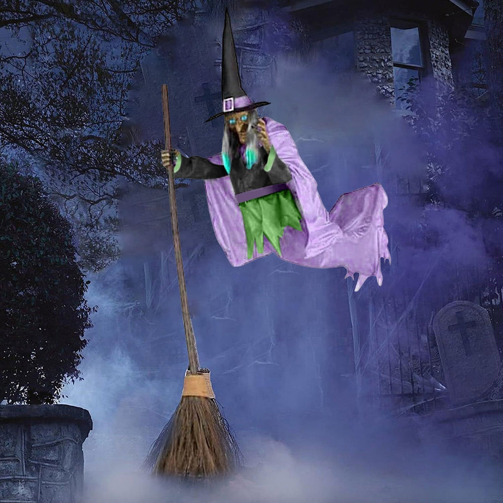 Animated Flying Witch Prop 70.86" - Light Up Sound Halloween Decoration with Broomstick for Indoor Outdoor Green