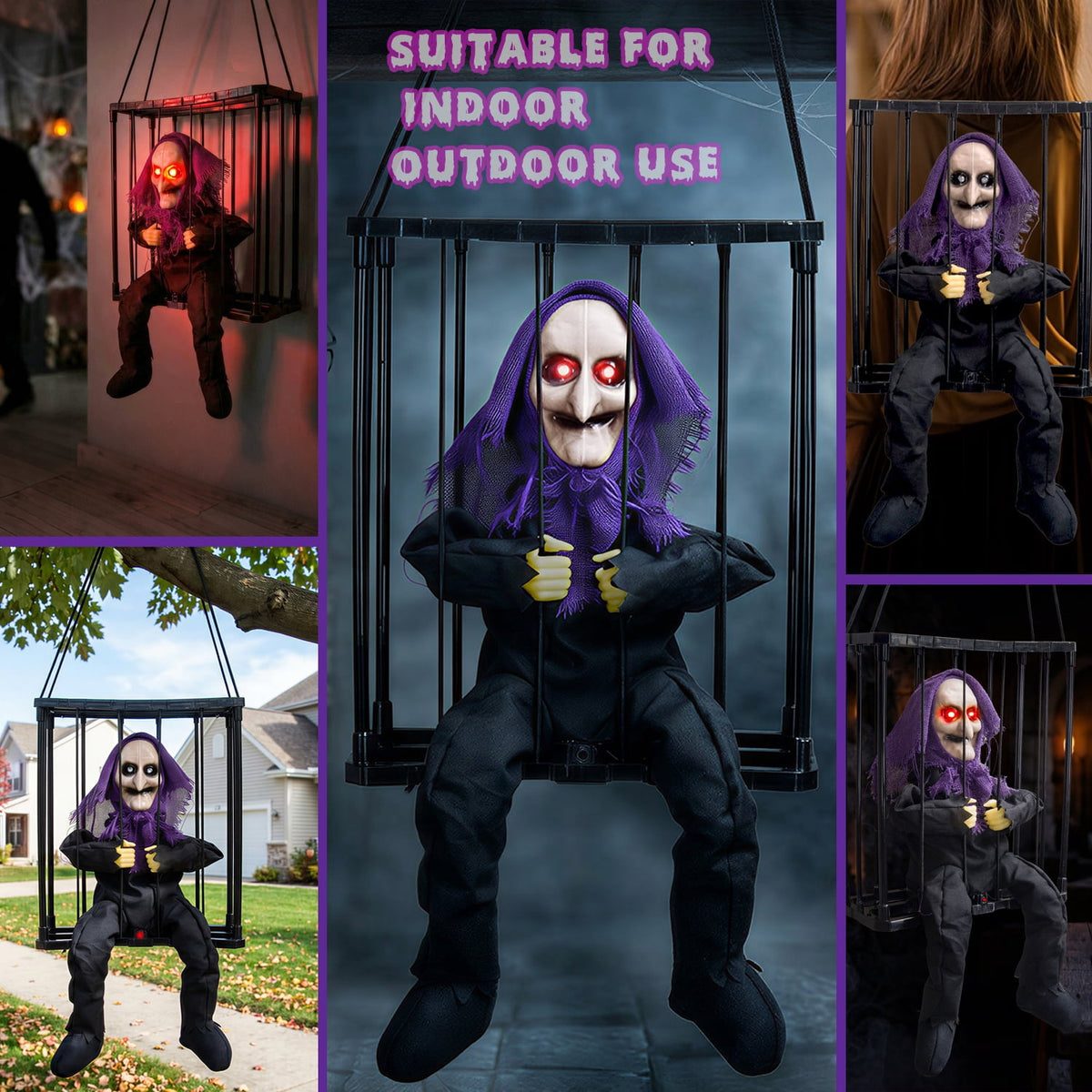 Magotan Screaming Animated Halloween Decorations, Outdoor Indoor Hanging Spooky Halloween Decoration, Scary Skull Cage with Motion Sensor