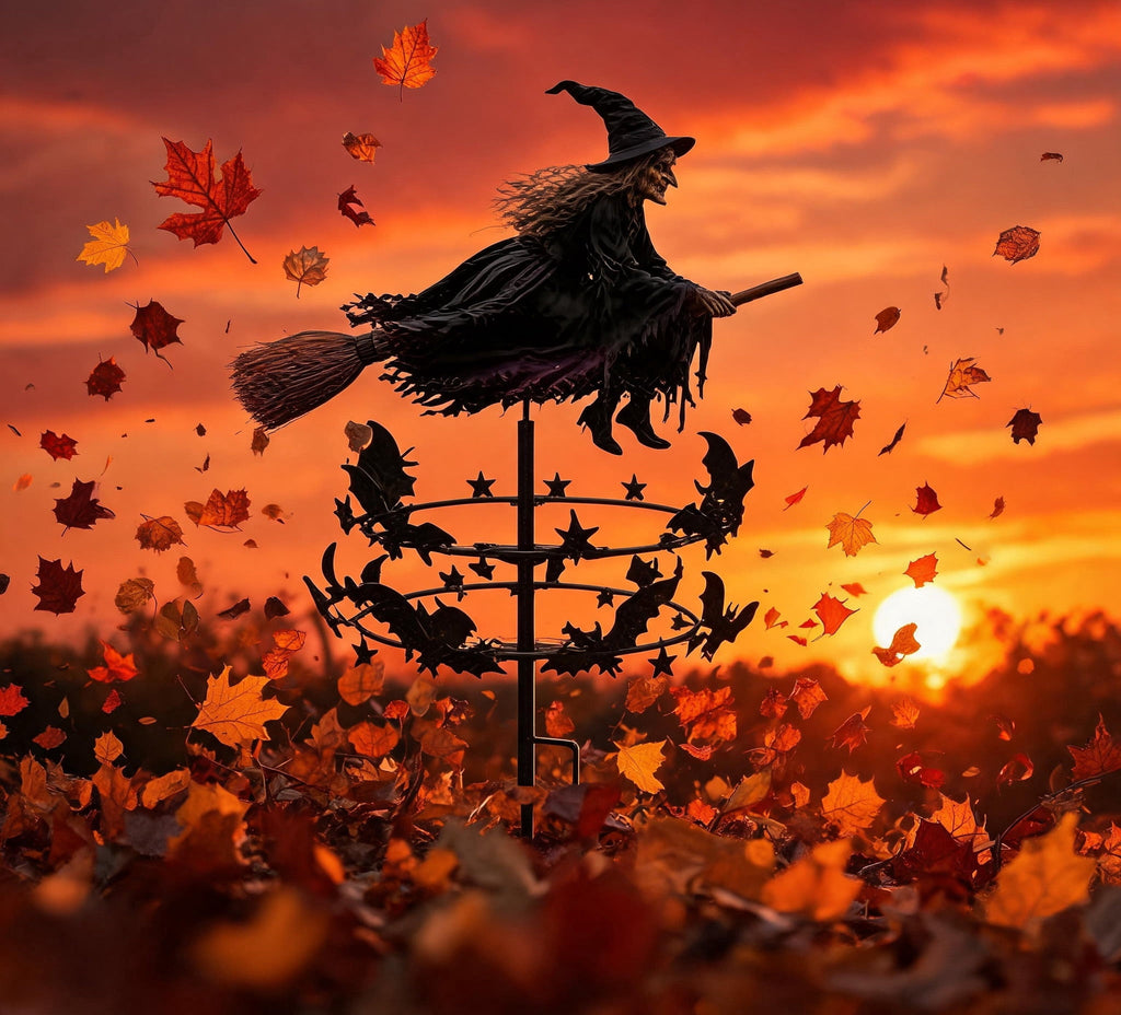 The Enchanted Witch Garden Wind Spinner, Halloween Garden Stake Decoration with Witch & Bat, for Garden, Patio, Pathway Decoration, 1pc
