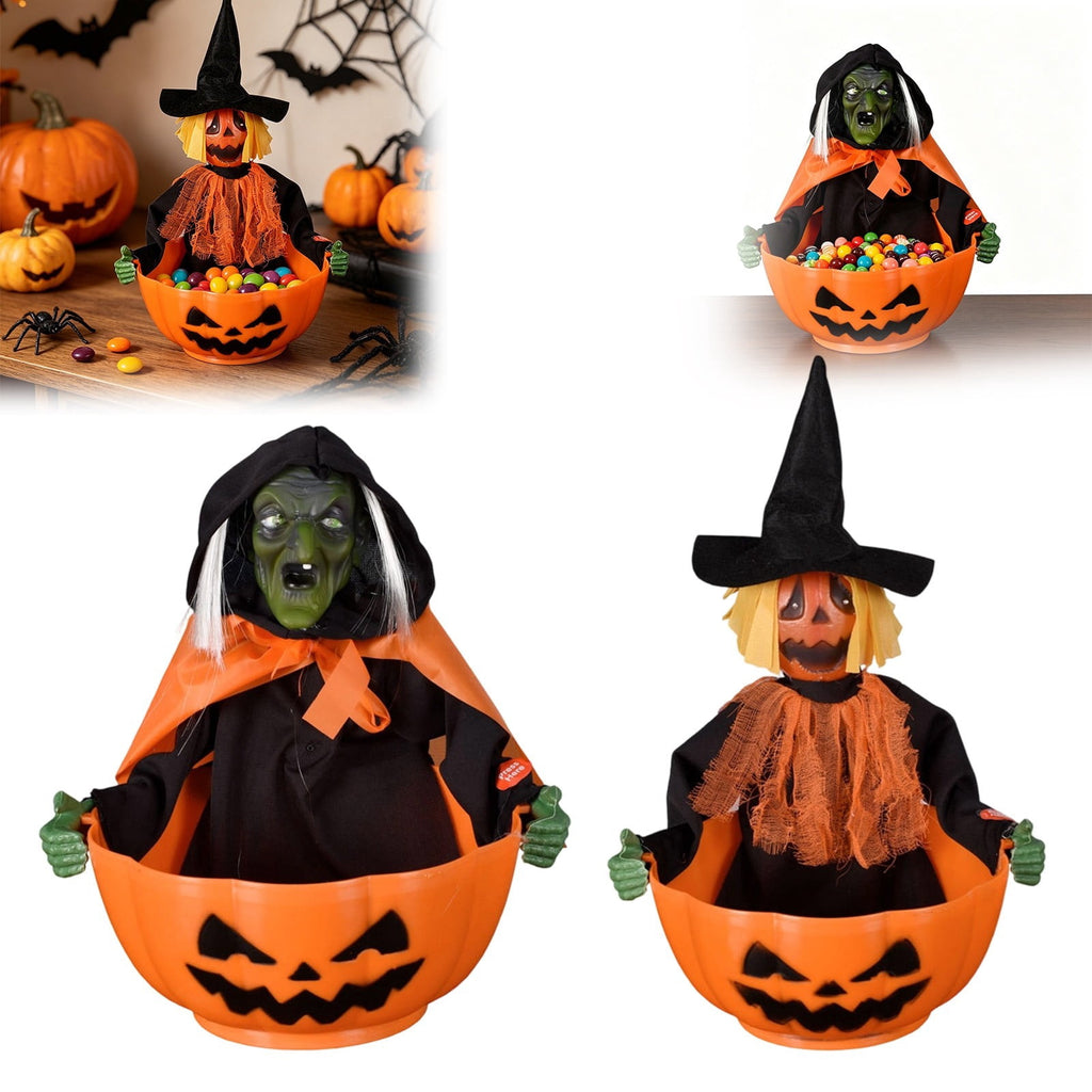 Halloween Candy Bowl, Animated Skeleton Candy Dish with Motion Activated Screaming Witch, Light Up Red Eyes Sound, Festive Serving Bowl for Party, Table, Home Decorative Display, 11"x10.6"