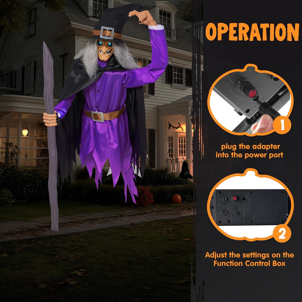 Joyfy 8ft Halloween Animated Flying Witch Decorations Outdoor Floating Witch on Broom Animatronics Hovering Witch Decor with Light Eyes and Spooky Voice, Scary Haunted House Prop for Outside