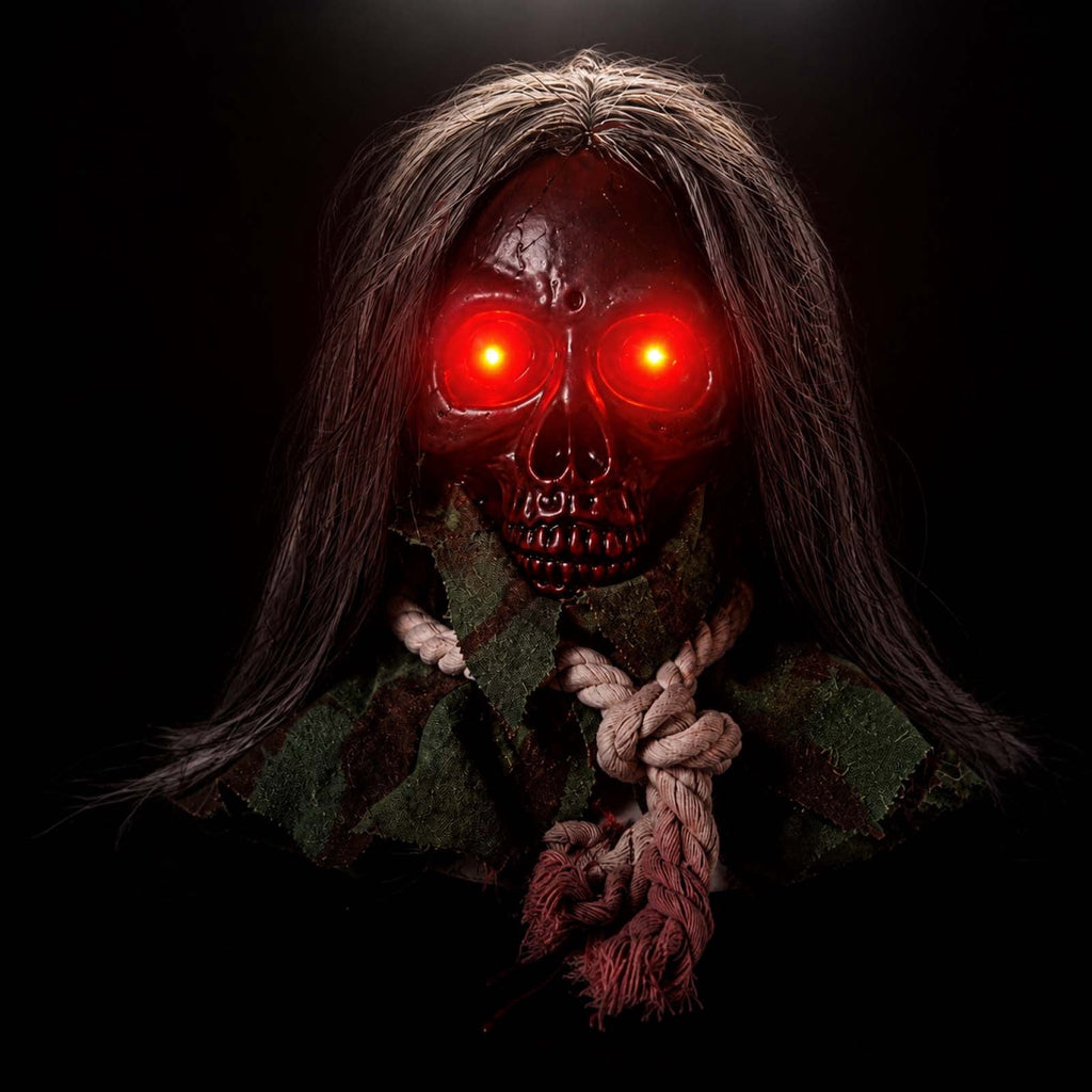 Animated Walking Skull Head with Light-Up Red Eyes Creepy Moving Halloween Prop with Long Grey Hair Horror Music Motorized Resin Decoration for Party Yard Indoor Outdoor Spooky Decor Gift