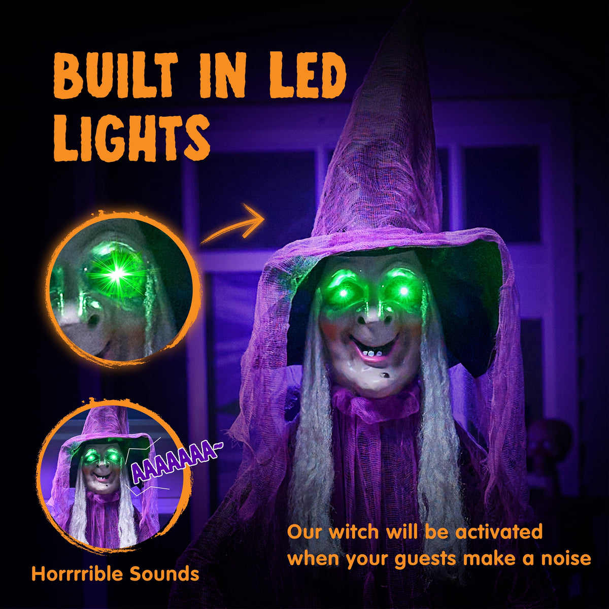 Joyfy 62"(5.17ft) Halloween Standing Hunchback Witch with Light, Animatronics Large Halloween Decorations Outdoor, Radar Motion Activated with Creepy Sound & Eyes and Moving Head for Yard Decor
