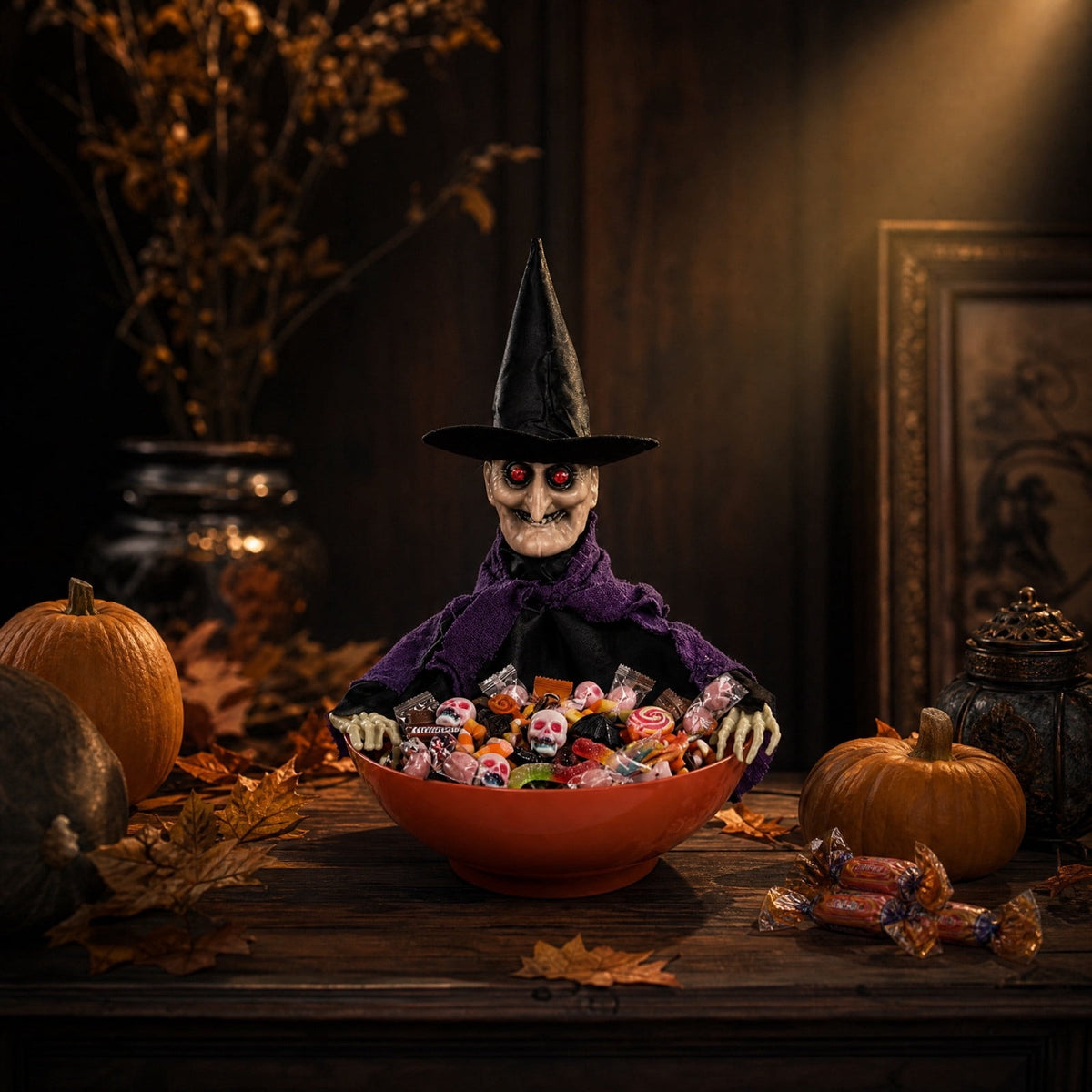 Halloween Animated Witch Candy Bowl Motion Sensor Activated Spooky Candy Holder with Glowing Red Eyes Scary Sounds for Halloween Home Decor
