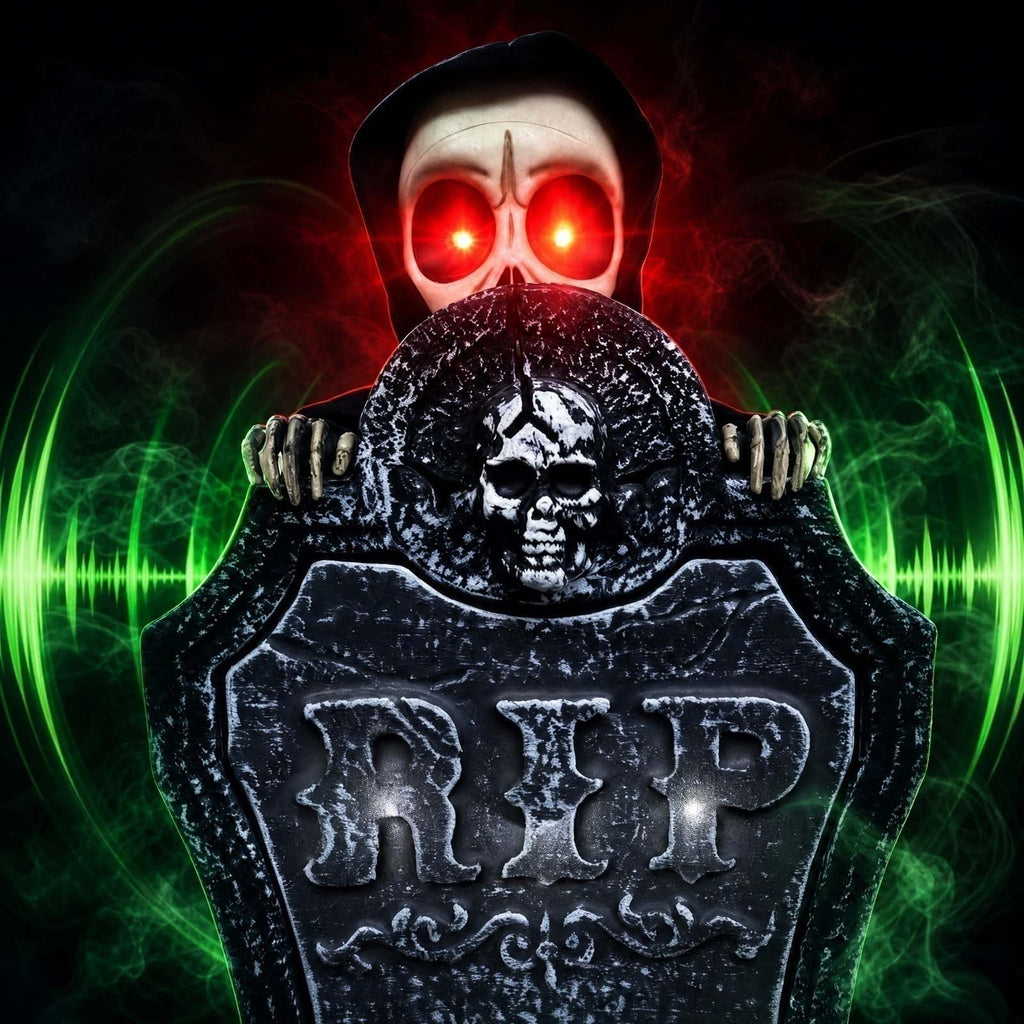 EWASWON Halloween Animated Tombstone, Motion Activated Gravestone with Rising Skeleton, Glowing LED Eyes & Scary Sounds, Outdoor Yard Decoration